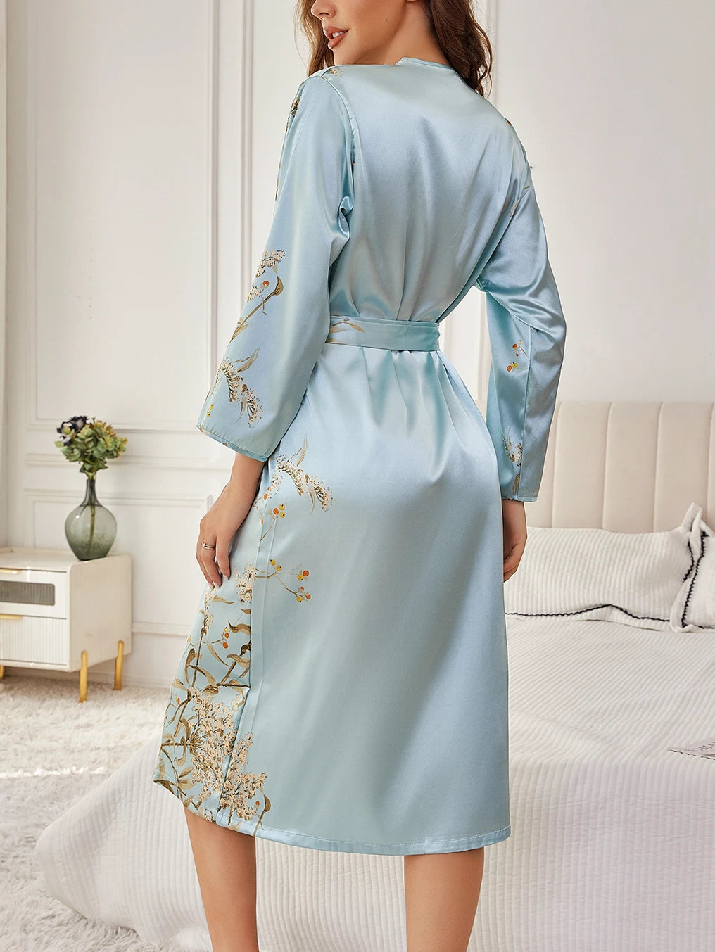 Women's Elegant Silk Robe Floral Print Loose Fit Long Sleeve Breathable Loungewear All-Season