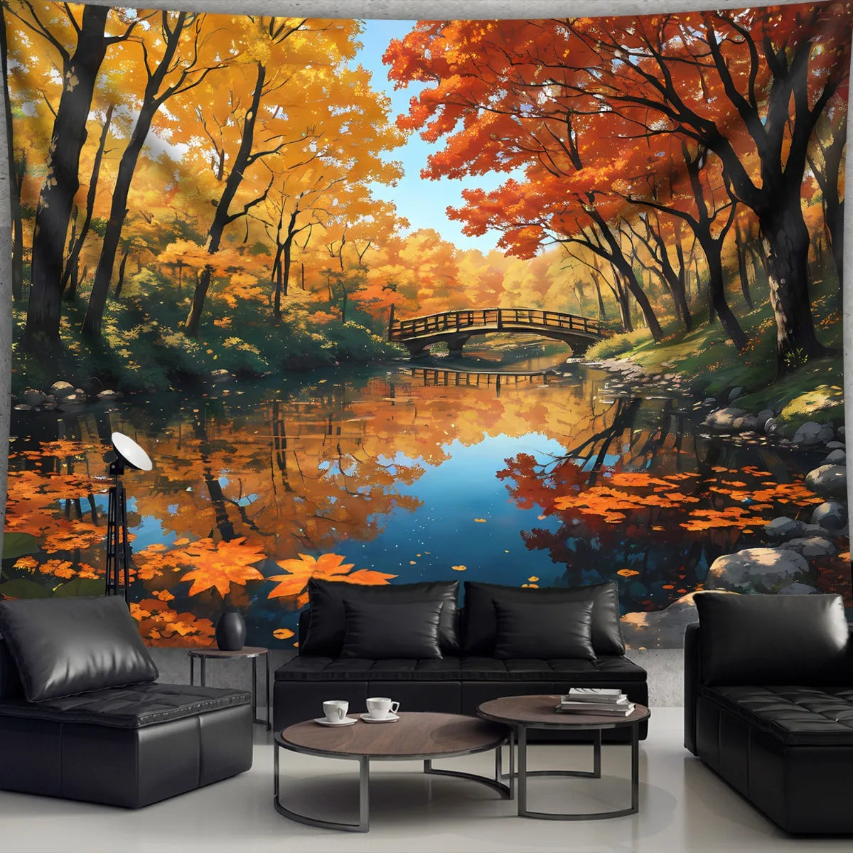 1pc Large Autumn Forest Lake Tapestry Wall Hanging - Realistic Fall Foliage Maples & Birch Trees with Chequered Sofa & Bridge, G