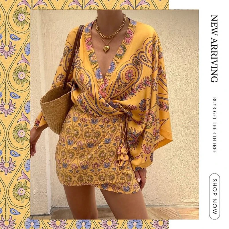2025 New Flaxmaker Summer Women Floral Print Mini Dress Loose V-Neck Long Sleeves Casual Vacation Beach Party Short Dress