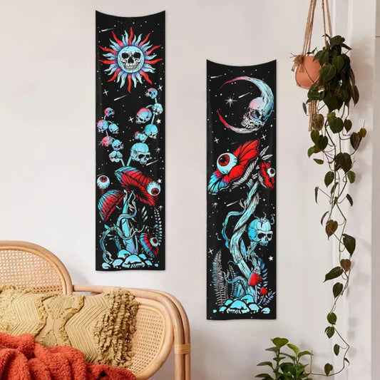 2pcs,Skeleton mushroom tapestry, abstract eye tapestry, sun, moon, starry sky tapestry, plant tapestry aesthetic wall hanging