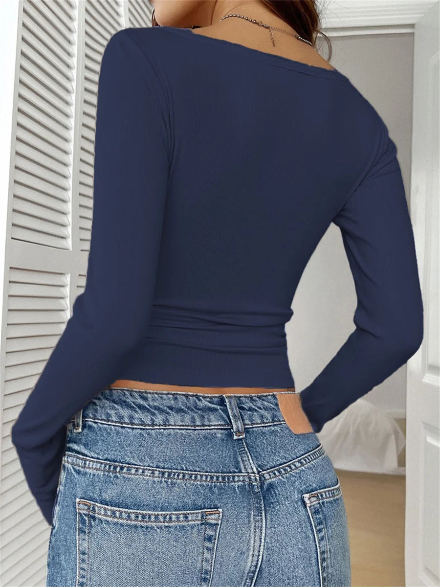 Women's 2026 New Spring Fall Lace Trim Base Blouse V-Neck Button Down Long Sleeve T-shirt Casual Knitted Slim Fit Fashion Top