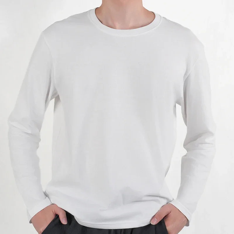 1PC Mens White Black T Shirts Casual Long Sleeve Top Cotton Moisture Wicking O-Neck Tees Tanks Classic Loose Tshirts for Men