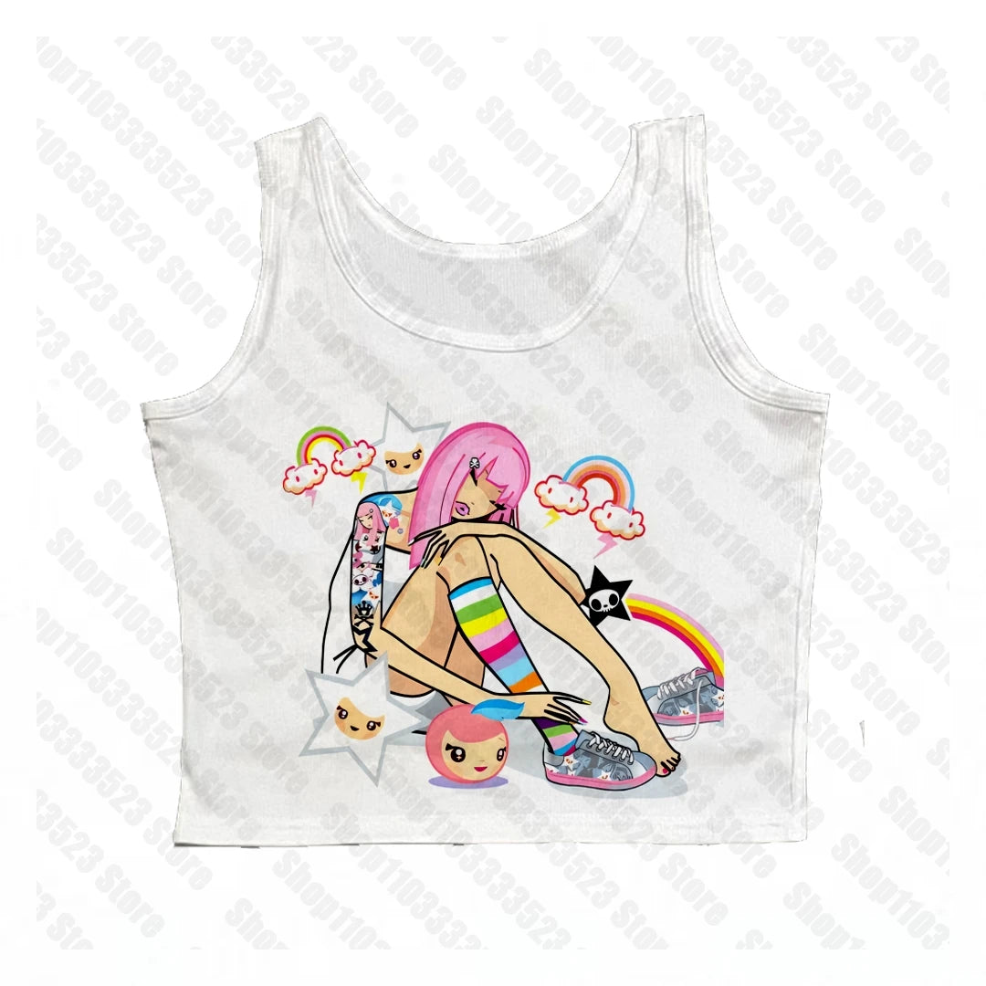 2000s E-girl Goth Women Vest Tank Top Aesthetic Streetwear Vintage Casual Short Sleeve T-Shirts Punk Y2k Style Clothes Baby Tees