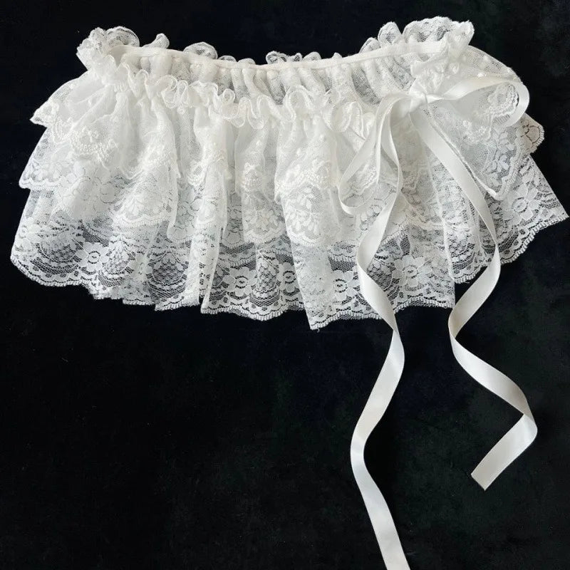 2025 Korean Ins Unique Lace Layered Gauze Skirts Lace Trim A-Line Short Cloth Mini Waist Skirts Harajuku Girl's White Skirts Y2K