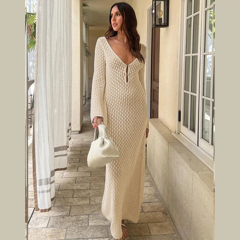 Women's Openwork Knitted Long Dresses 2024 Summer Beach V-Neck Backless Maxi Dress Bikini Cover-ups Beachwear