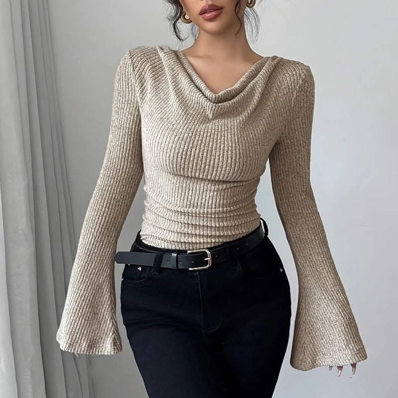 2025 Women Autumn Winter Long Sleeve Y2K Crop Top Trendy Off Shoulder Asymmetrical Fitted Knit V Neck Tee Shirts Tops Streetwear
