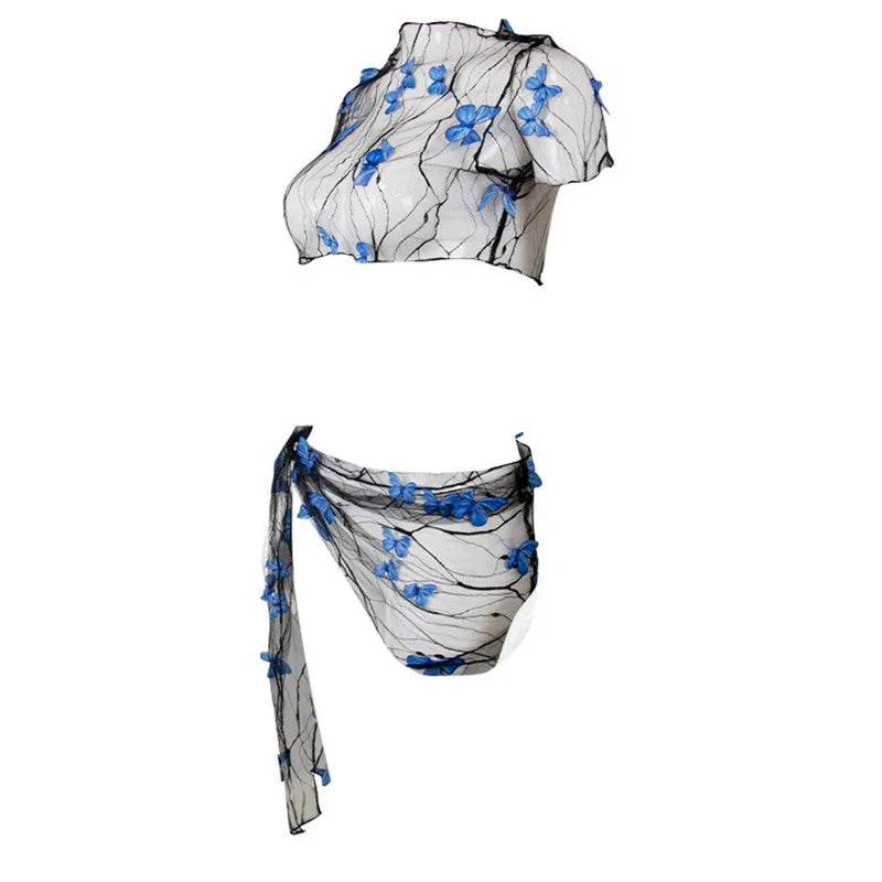WPNAKS Women Bikini Cover-up Set Mesh Sheer Three-dimensional Butterfly Short Sleeve Crop Tops Tie-up Sarong Wrap Skirt