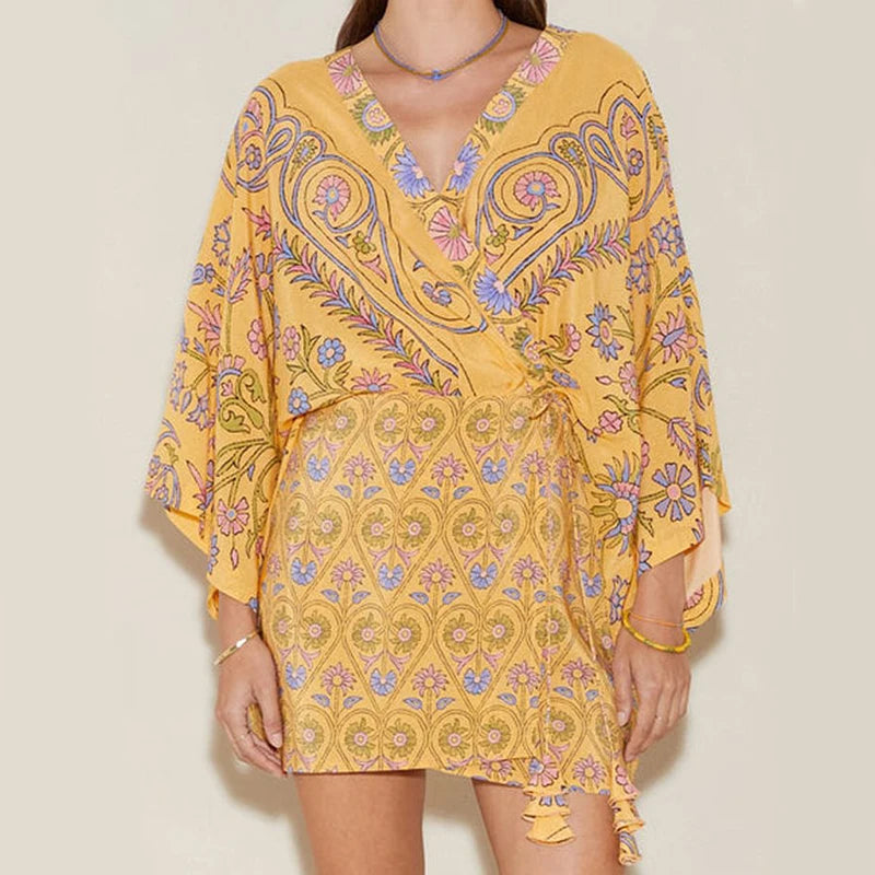 2025 New Flaxmaker Summer Women Floral Print Mini Dress Loose V-Neck Long Sleeves Casual Vacation Beach Party Short Dress