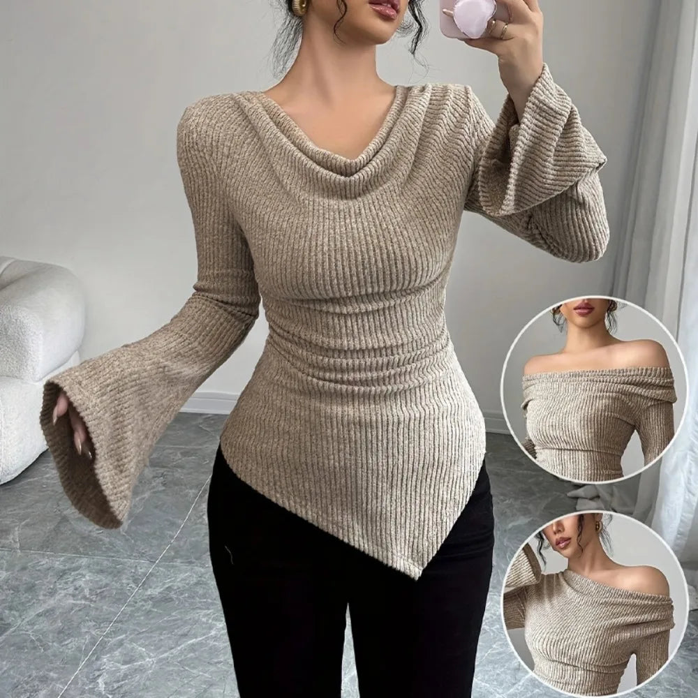 2025 Women Autumn Winter Long Sleeve Y2K Crop Top Trendy Off Shoulder Asymmetrical Fitted Knit V Neck Tee Shirts Tops Streetwear