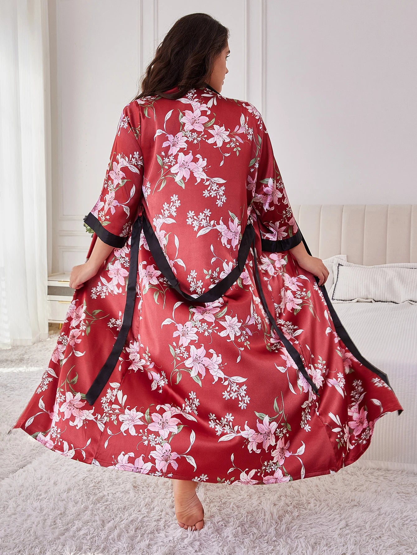 Women's Plus Size Belted Silk Robe Lightweight Random Floral Print Loose Long Sleepwear Fall Winter Loungewear for Curvy Home