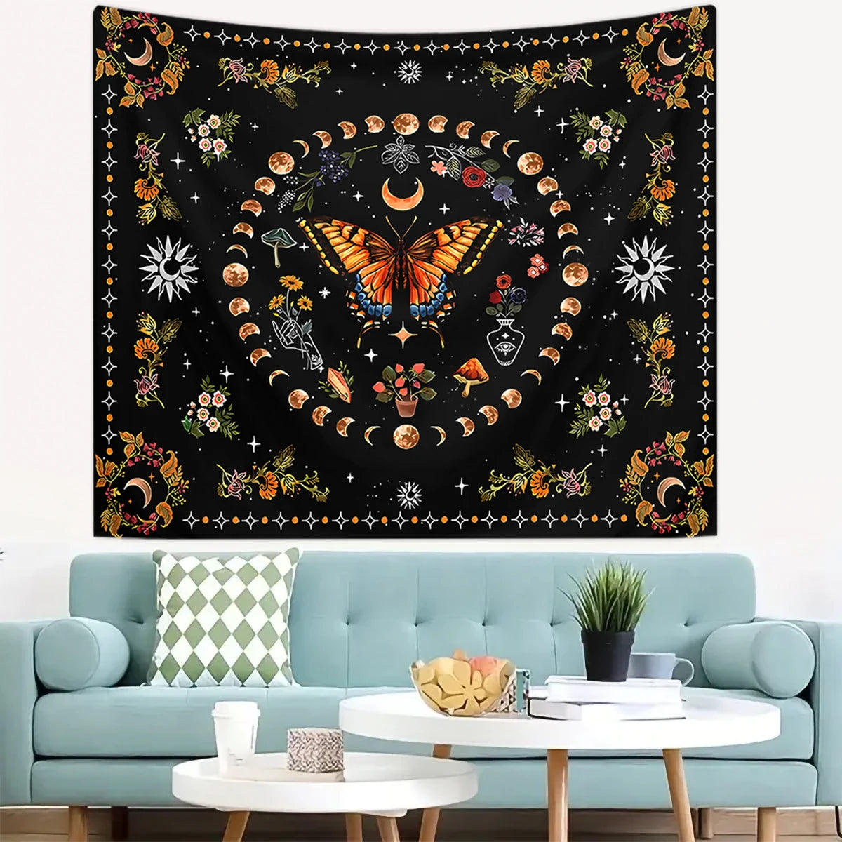 1pc Butterfly, Moon, Flower Tapestry, Plant Flower Bohemian Tapestry, Bedroom Aesthetics Retro Moonphase Starry Sky Tapestry