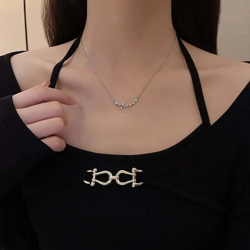Y2K Shiny Star Necklace for Women Girls Silver Color Crystal Pendant Clavicle Chain Necklace Set Fashion New Trendy Party