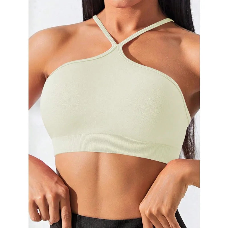 Women's Criss Cross Slim Fit Sports Cami Top Seamless Halter Crop Tee Shirt Tops Workout Tops