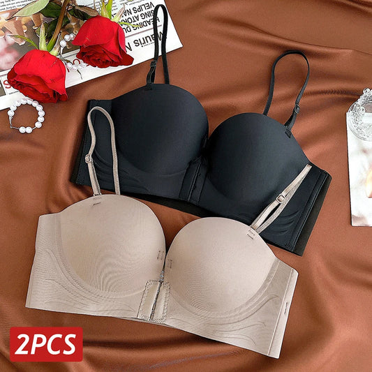 2PCS/Set Front Closure Bras Women's Seamless Strapless Sexy Underwear Female Thick Push Up Brassiere Invisible Soft Lingerie