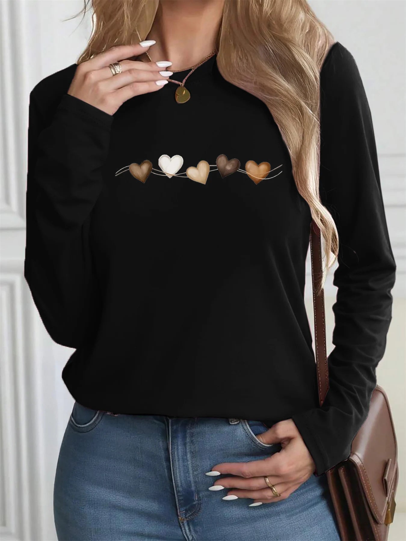 Women's autumn and winter 100% pure cotton fashionable casual heart-shaped printed round neck long sleeved T-shirt top