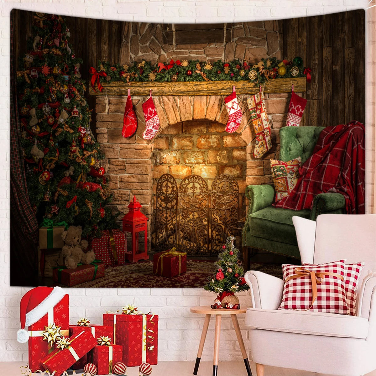 1pc Christmas decoration tapestry, Christmas fireplace Christmas tree tapestry, Christmas shooting background cloth tapestry