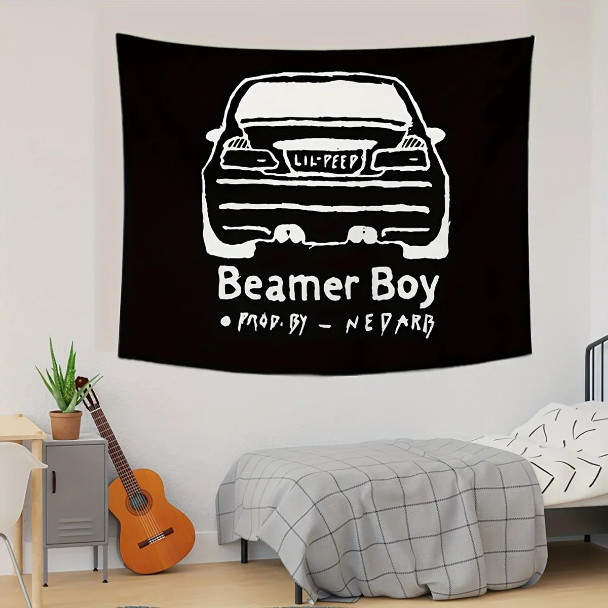 1pc Beamer Boy Music-Themed Tapestry - Black Cartoon Car Print Wall Hanging with Lil Peep Album Art Perfect for Dorms