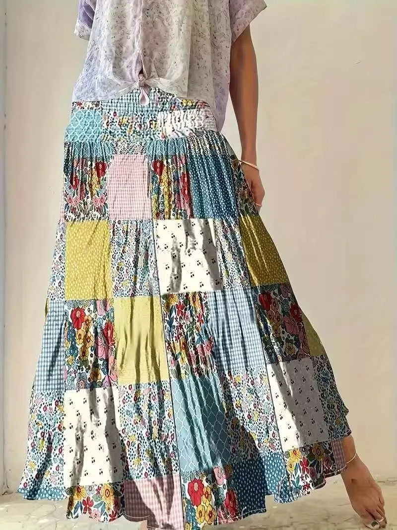 2025 Printed Splicing Women's Fashion Floral High Waist Skirt Long Skirt