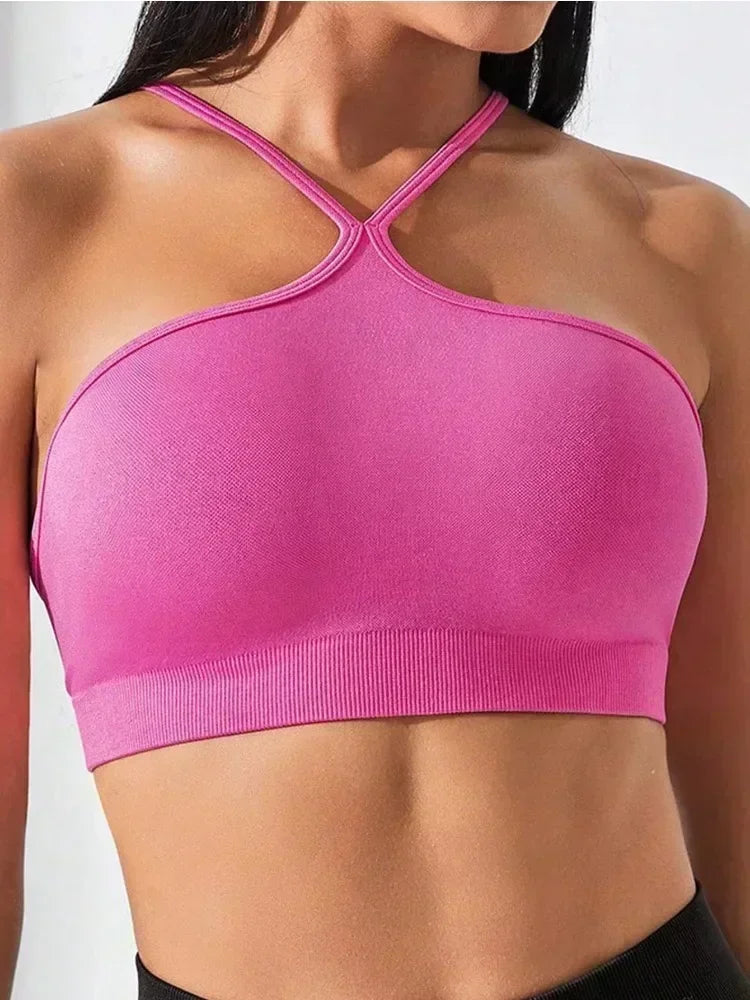 Women's Criss Cross Slim Fit Sports Cami Top Seamless Halter Crop Tee Shirt Tops Workout Tops