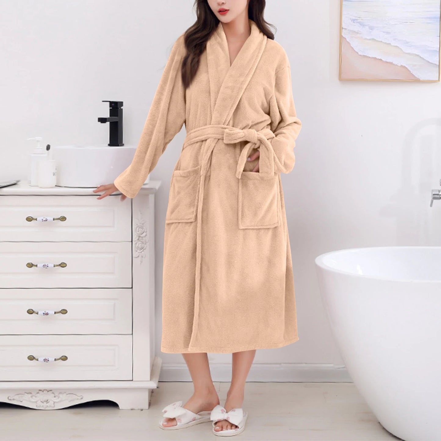 Women's Coral Fleece Robe Autumn Winter New Style Medium Length Home Indoor Wear Warmth Comfortable Sleepwear Nightgown