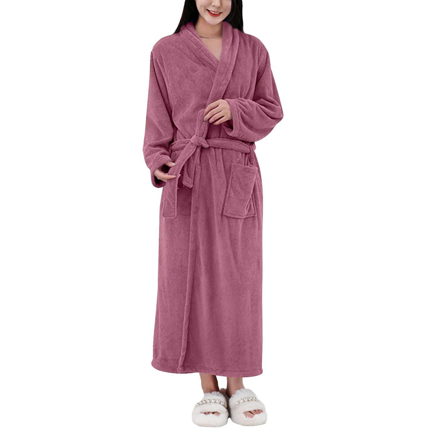 Women's Coral Fleece Robe Autumn Winter New Style Medium Length Home Indoor Wear Warmth Comfortable Sleepwear Nightgown