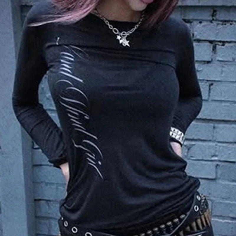 Y2k style aesthetic sweet and sexy long sleeved top for women's casual gothic punk printed T-shirt Harajuku Grunge clothes Emo