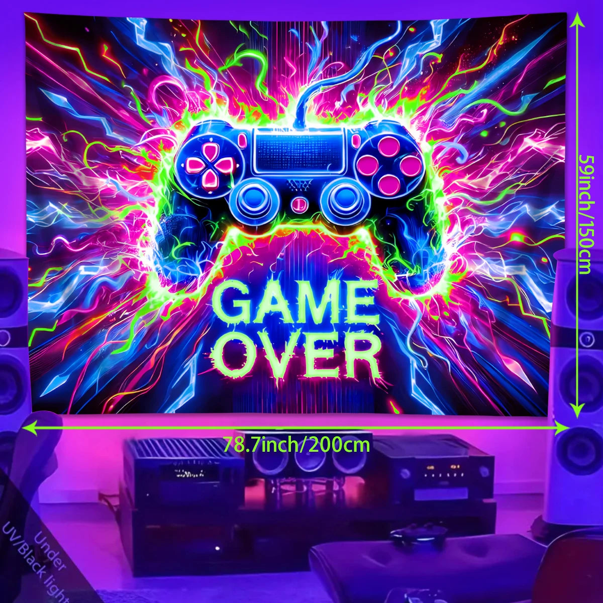 1pc Game controller fluorescent tapestry, UV reactive tapestry, e-sports room, e-sports club background decoration wall hanging