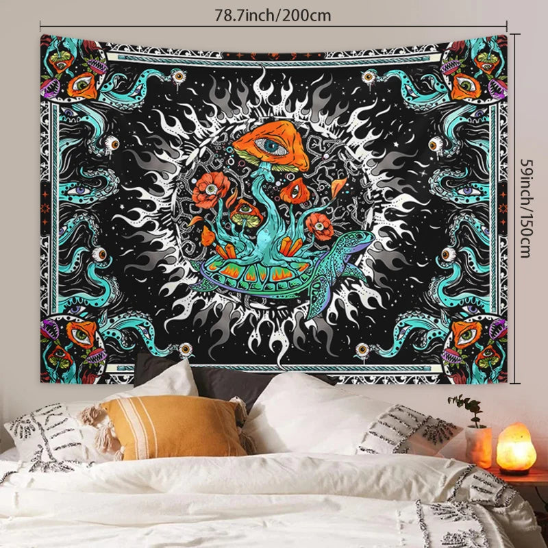 1pc Bohemian burning sun mushroom octopus tapestry, psychedelic eye marine creature tapestry
