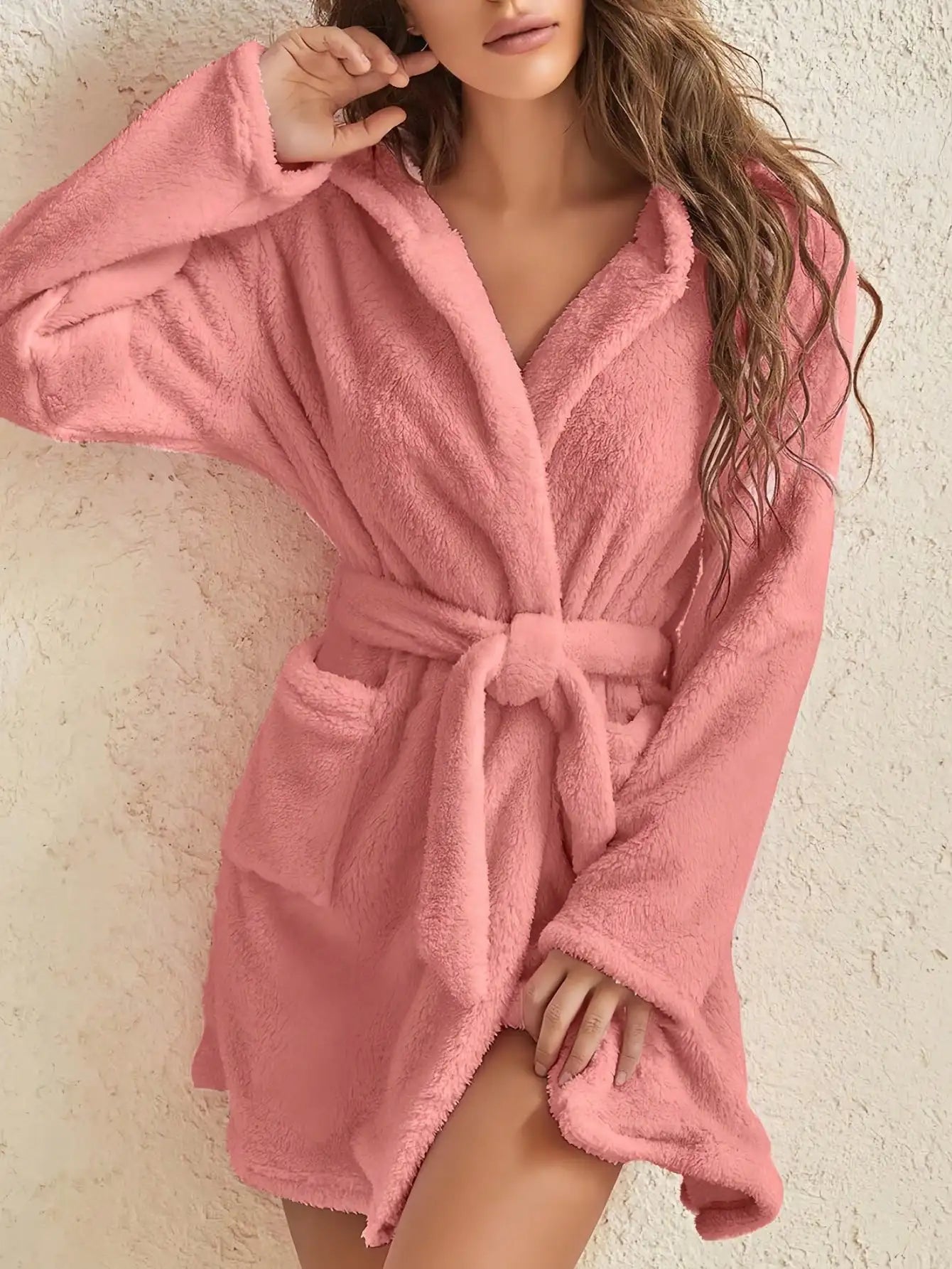 1 piece of women's solid color hooded robe with belt, cozy and warm fleece pajamas for home wear in autumn and winter.