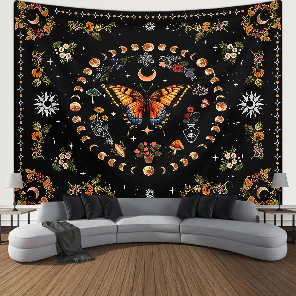 1pc Butterfly, Moon, Flower Tapestry, Plant Flower Bohemian Tapestry, Bedroom Aesthetics Retro Moonphase Starry Sky Tapestry