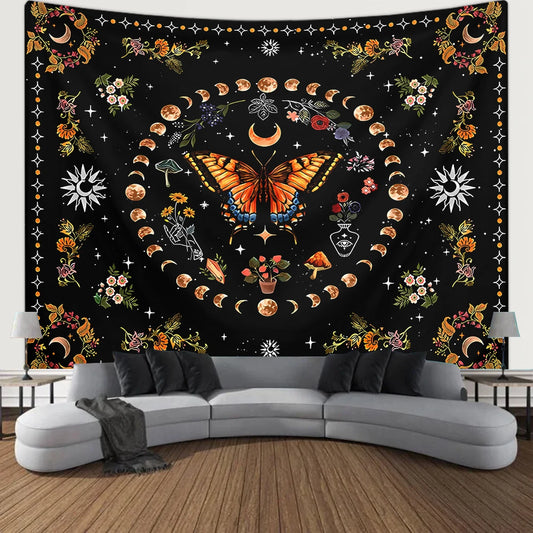 1pc Butterfly, Moon, Flower Tapestry, Plant Flower Bohemian Tapestry, Bedroom Aesthetics Retro Moonphase Starry Sky Tapestry