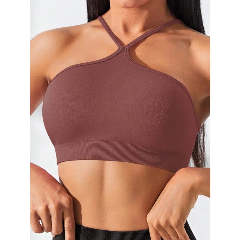Women's Criss Cross Slim Fit Sports Cami Top Seamless Halter Crop Tee Shirt Tops Workout Tops