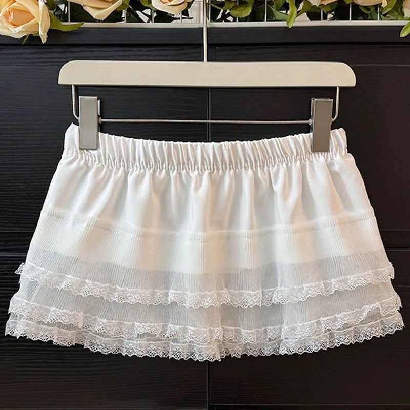 Women Y2K Korean Lace Mini Layered Skirt Streetwear Lace Up Ruffles Harajuku High Waist Pleated A-Line Short Jupe Skirts Clothes