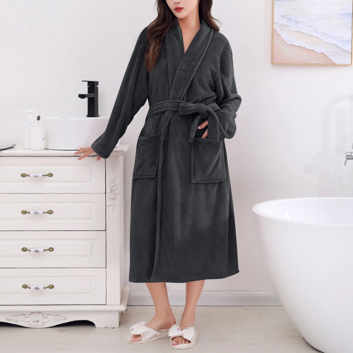 Women's Coral Fleece Robe Autumn Winter New Style Medium Length Home Indoor Wear Warmth Comfortable Sleepwear Nightgown