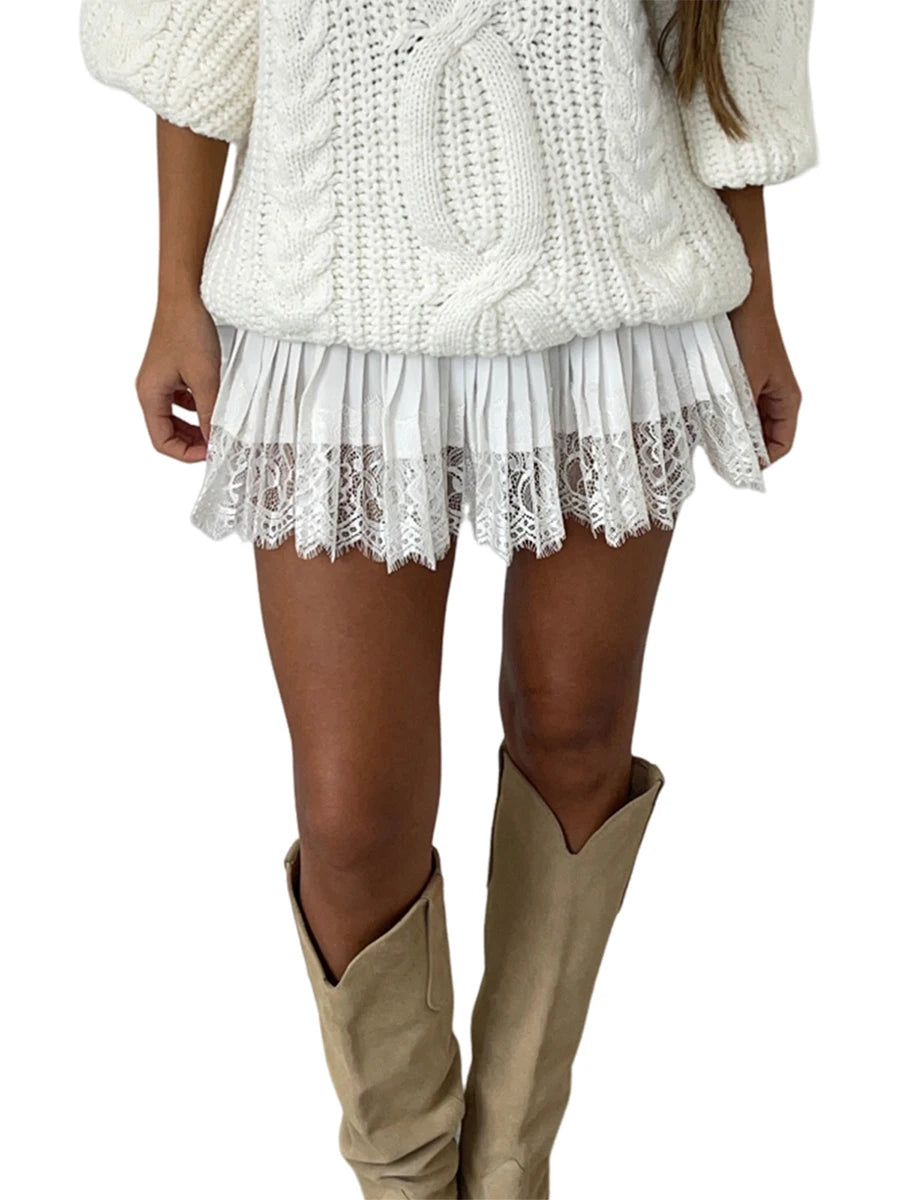 Women Y2k Lace Mini Skirt Fairy Coquette Low Rise Pleated Ruffle Half Slip Skirt Vintage Layered Flowy Short Skirt Streetwear
