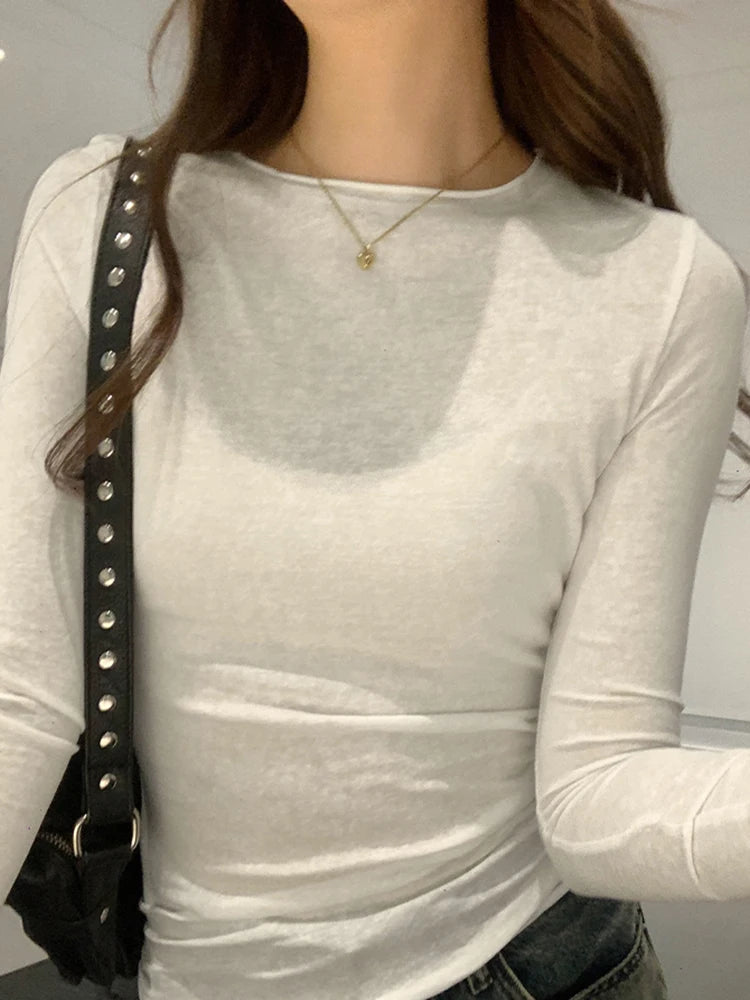 2025 Spring Autumn T shirt Women Tops Solid Slim Fit Long Sleeve O Neck Tshirts Female Casual Streetwear High Quality Base Tees