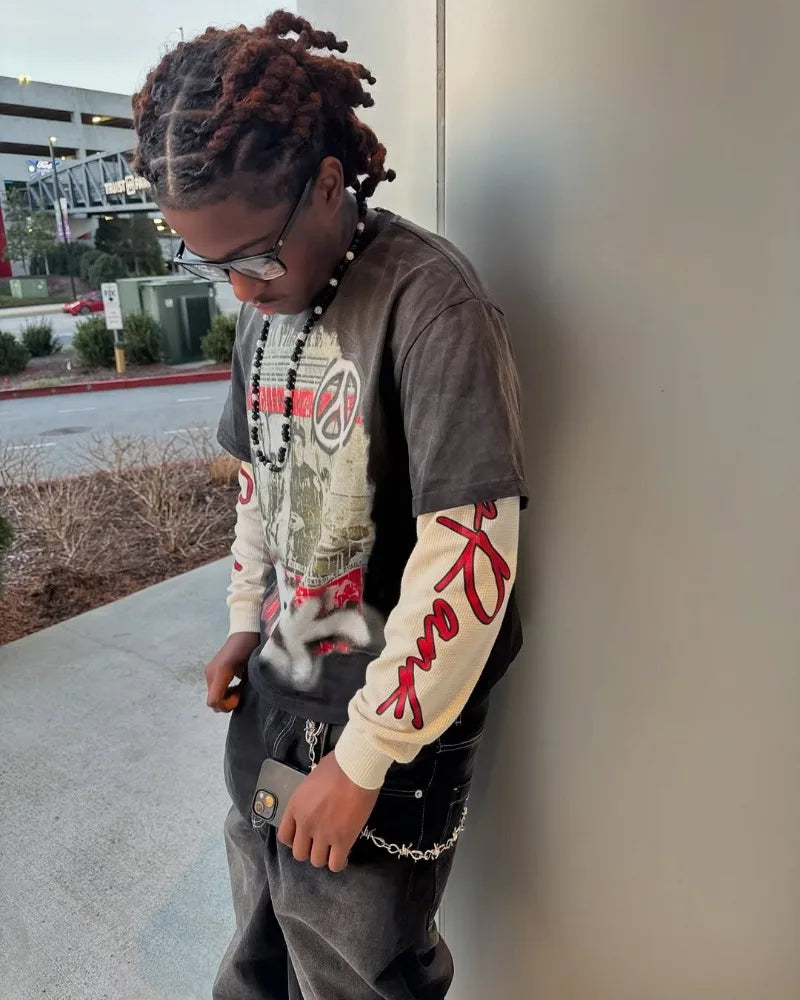 Y2k High Street Clothing Harajuku Letter Pattern Oversized T-shirt Men's Trendy Fashion Casual Loose Fake Two Piece Top