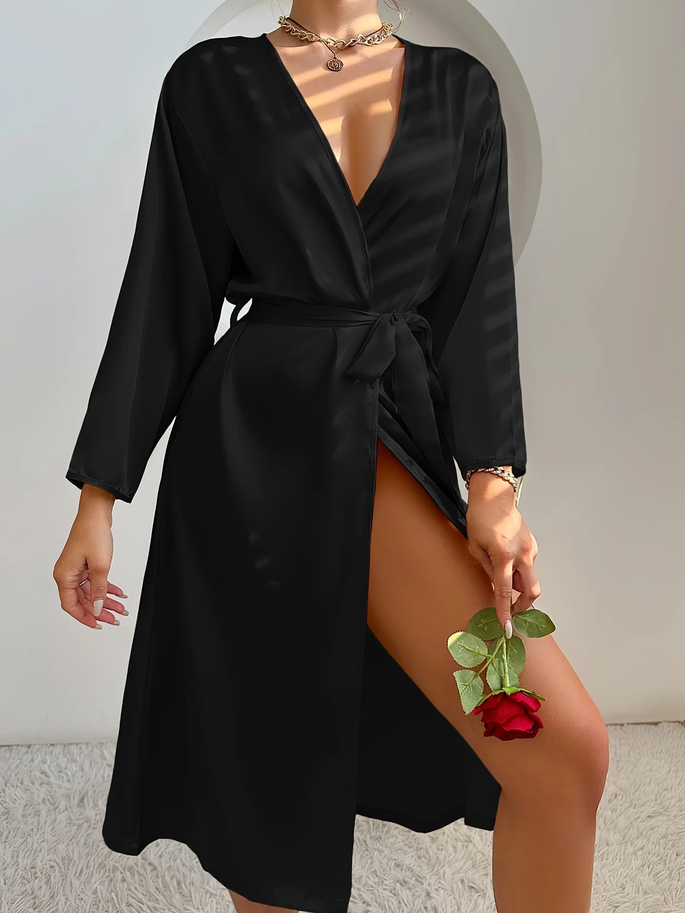 Women's Satin Robe Belted Elegant Solid Color Silky Comfort Bathrobe Loungewear