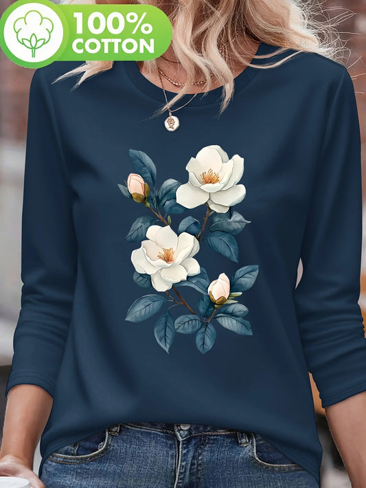 100% pure cotton women's spring and autumn comfortable casual long sleeved Paris graphic printed round neck T-shirt