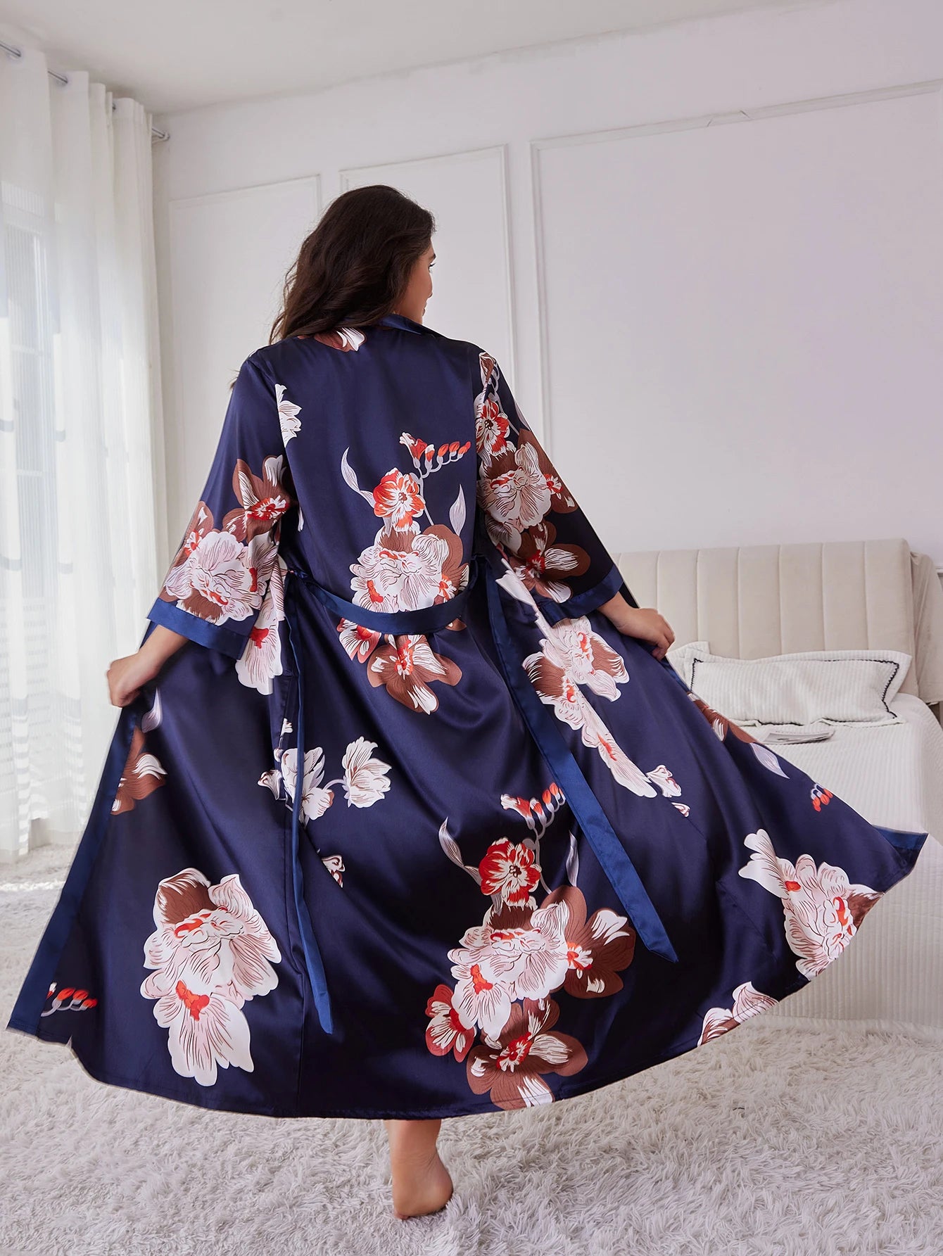 Women's Plus Size Belted Silk Robe Lightweight Random Floral Print Loose Long Sleepwear Fall Winter Loungewear for Curvy Home