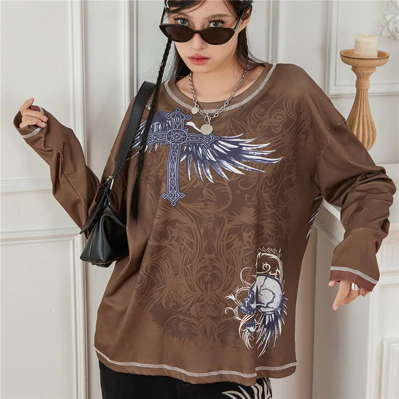 2000s Y2K Cyber Grunge Vintage T-shirt Graphic Print O Neck Long Sleeve Tee Women Slim Fit Crop Tops EGirl Skater Emo Streetwear