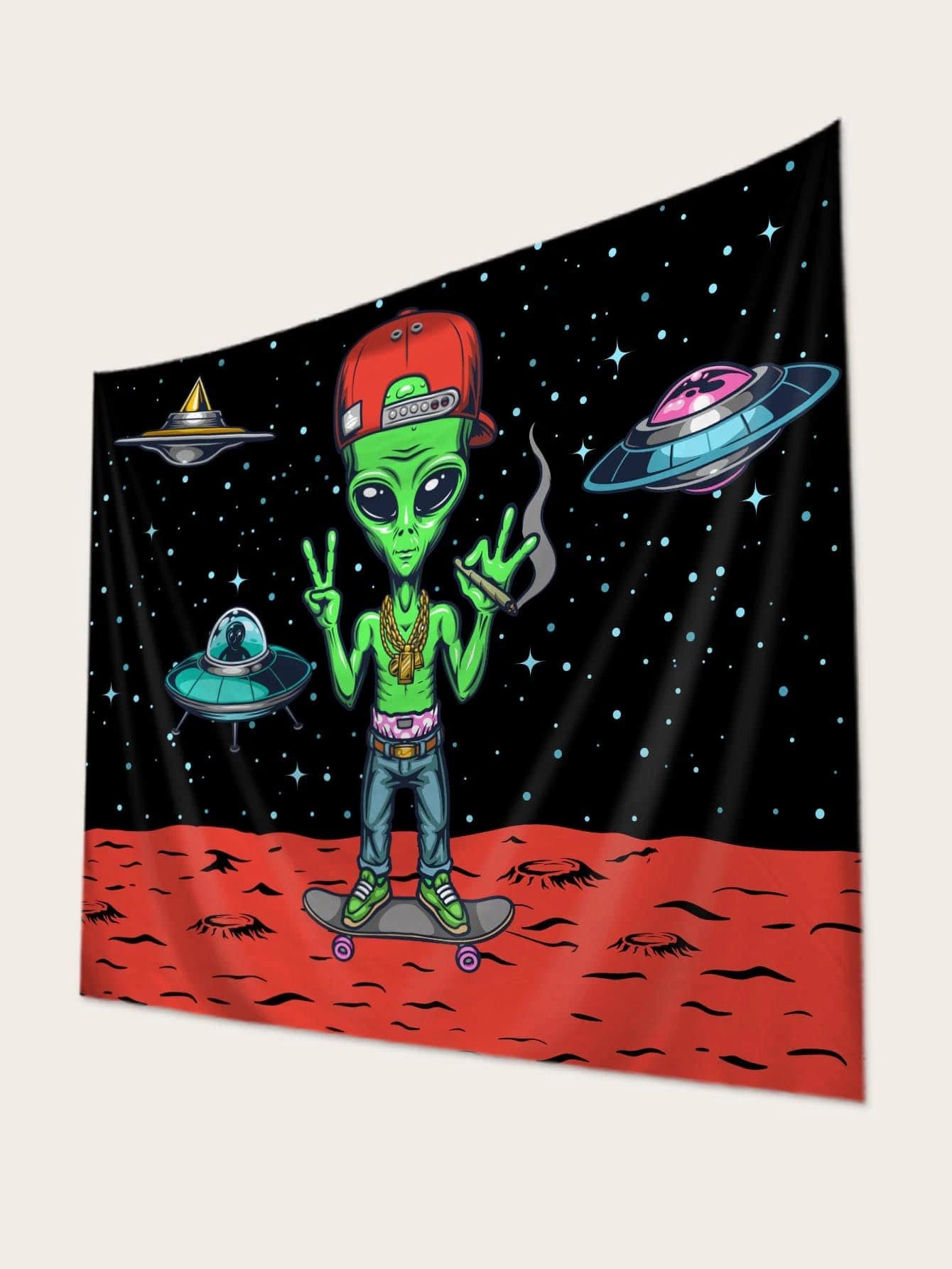 1pc Alien Pattern Tapestry, Cartoon Planet & Spaceship Print Hanging Blanket For Home Decoration, Flag For Room, Room Decor