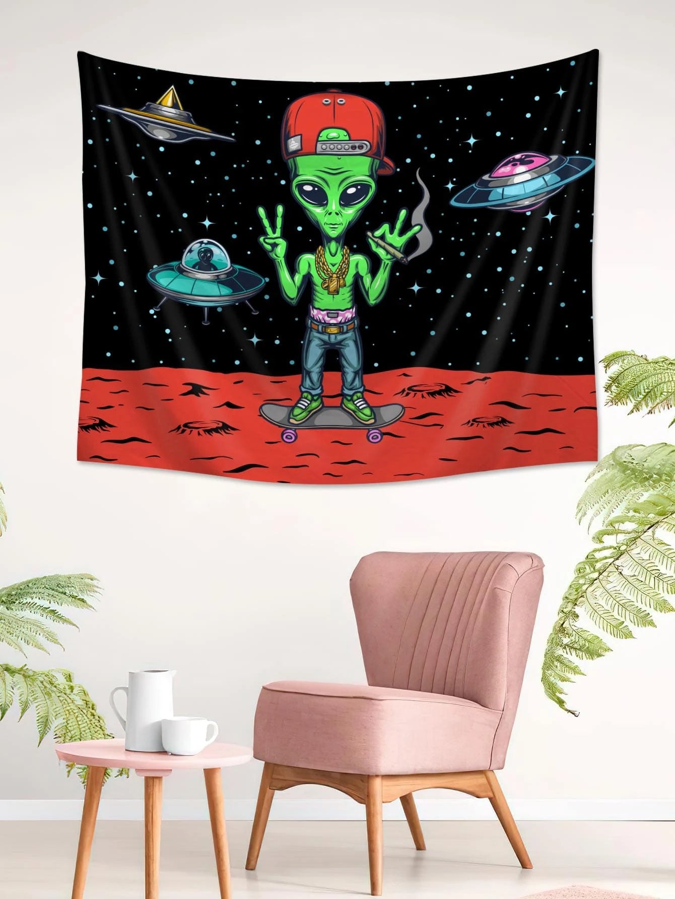 1pc Alien Pattern Tapestry, Cartoon Planet & Spaceship Print Hanging Blanket For Home Decoration, Flag For Room, Room Decor