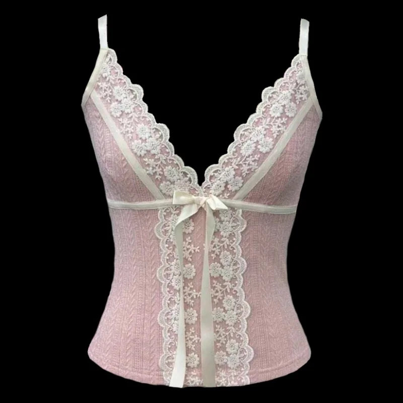 Xingqing Fairy Coquette Tank Top y2k Women Lace Floral V Neck Spaghetti Strap Sleeveless Vest with Bow 2000s Aesthetic Clothing