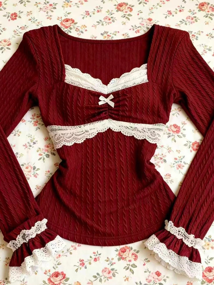 2026 New Spring Vintage Slim Y2k T-Shirts Women Warm France Design Retro Lace Patchwork Thin Skinny Long Sleeve Hot Girl Tees