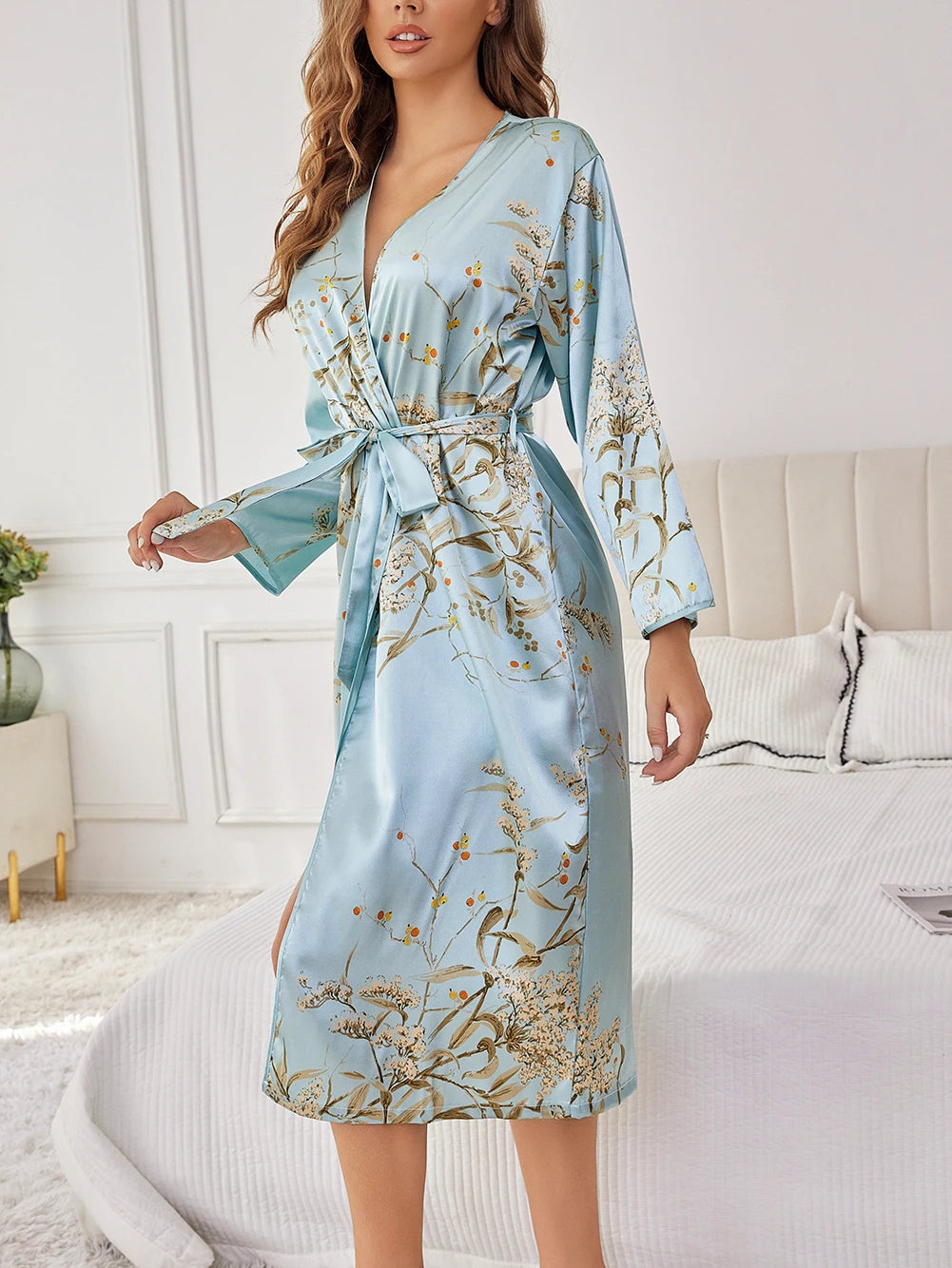Women's Elegant Silk Robe Floral Print Loose Fit Long Sleeve Breathable Loungewear All-Season