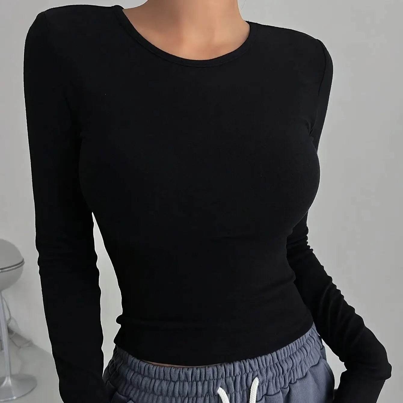 Women's black O neck T-shirt Slim Women T-shirt Long-sleeved for Female Thin White Tops Woman Tees Shirt