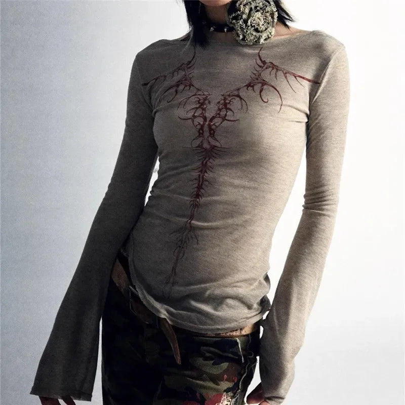 2000s Y2K Cyber Grunge Vintage T-shirt Graphic Print O Neck Long Sleeve Tee Women Slim Fit Crop Tops EGirl Skater Emo Streetwear