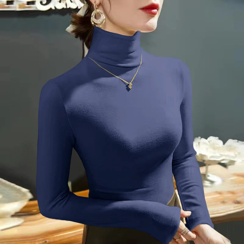 2025 Fashion Autumn Winter Female Turtleneck Fleece Stretch Shirt Women Long Sleeve T-shirt Warm Basic Pullover Bottoming Tops