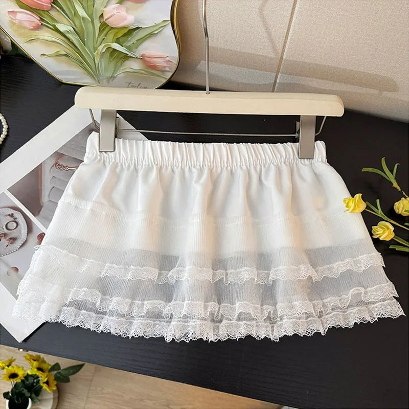 Women Y2K Korean Lace Mini Layered Skirt Streetwear Lace Up Ruffles Harajuku High Waist Pleated A-Line Short Jupe Skirts Clothes